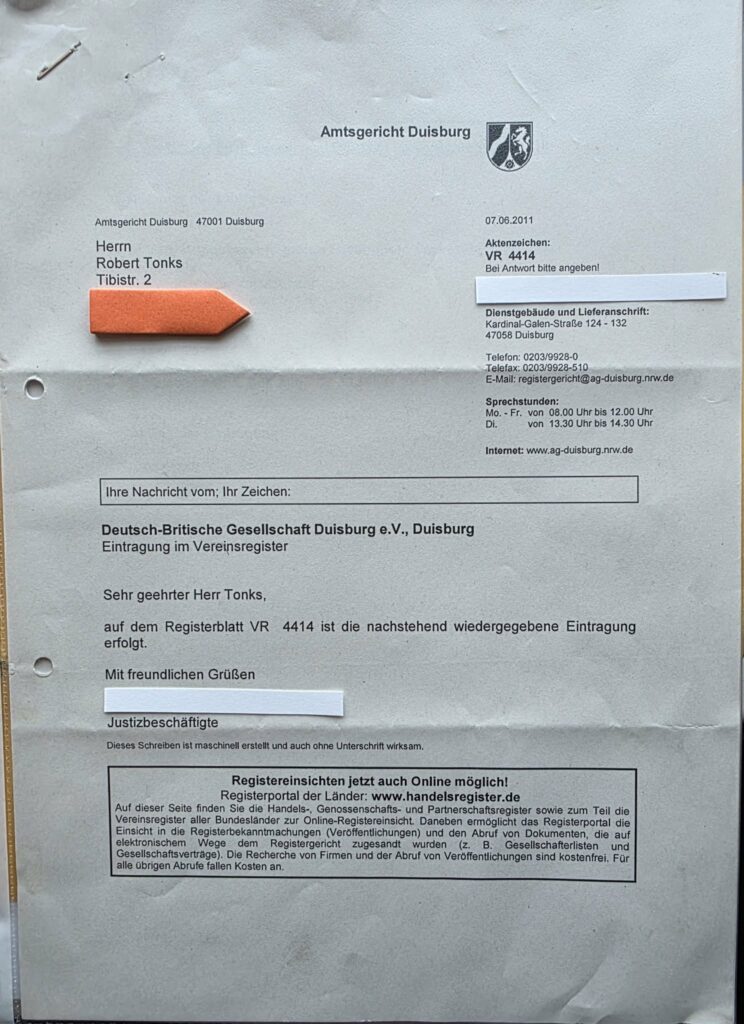 Eintragung im Vereinsregister beim Amtsgericht Duisburg